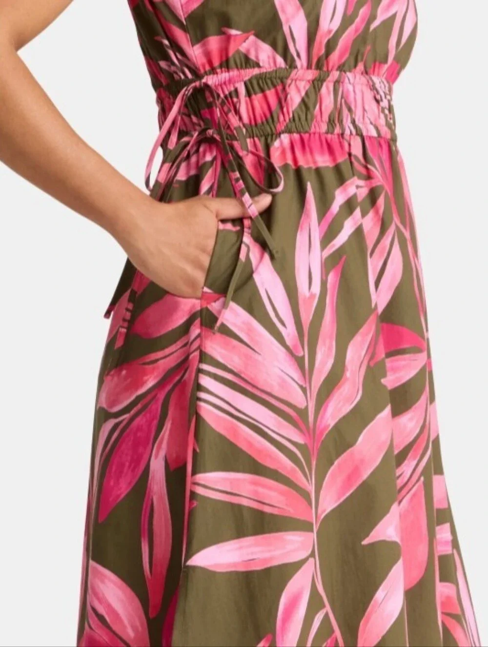 Time and Tru Women's XL One Shoulder Cotton Midi Dress Pink Olive/Gray Pockets